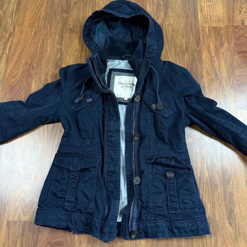 Abercrombie & Fitch Womens Navy Blue Hooded Utility Jacket Size M BROKEN ZIPPER
